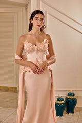 Isolde – Blush Pink Satin Gown with Sculpted Floral Appliqués – Galisa Grace – view 2