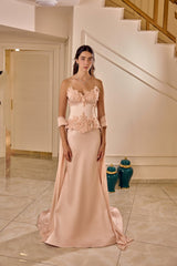 Isolde – Blush Pink Satin Gown with Sculpted Floral Appliqués – Galisa Grace – view 1