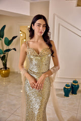 Leonora – Gold Sequin Mermaid Evening Gown with Tulle Side Panels – Galisa Grace – view 4