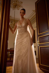 Liora – Cream Beaded V-Neck Gown with Draped Tulle Overlay – Galisa Grace – view 1