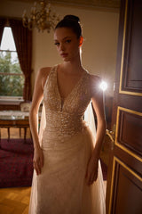 Liora – Cream Beaded V-Neck Gown with Draped Tulle Overlay – Galisa Grace – view 4