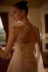Liora – Cream Beaded V-Neck Gown with Draped Tulle Overlay – Galisa Grace – view 2