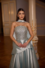 Luna – Blue Crystal-Bodice Satin Ball Gown with Neck Scarf – Galisa Grace – view 2