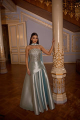 Luna – Blue Crystal-Bodice Satin Ball Gown with Neck Scarf – Galisa Grace – view 1