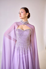 Lysandra – Lavender Crystal-Fringe Evening Gown with Full-Length Cape – Galisa Grace – view 2