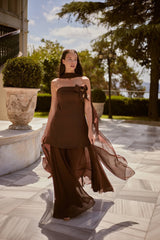 Oriana – Chocolate Brown Floral Evening Tunic and Wide-Leg Trouser Set – Galisa Grace – view 1