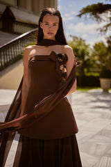 Oriana – Chocolate Brown Floral Evening Tunic and Wide-Leg Trouser Set – Galisa Grace – view 3