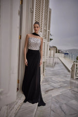 Selene – Black Beaded Strapless Evening Gown with Scarf Detail – Galisa Grace – view 1