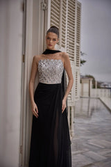 Selene – Black Beaded Strapless Evening Gown with Scarf Detail – Galisa Grace – view 2