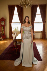 Seraphine – Ice Beige Beaded Off-Shoulder Gown with Satin Side Panels – Galisa Grace – view 1