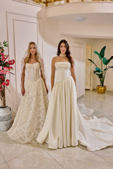 Theodora – Soft Ivory Square-Neck Lace Corset Bridal Gown – Galisa Grace – view 3