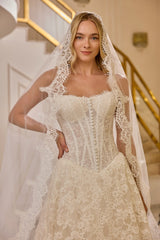 Theodora – Soft Ivory Square-Neck Lace Corset Bridal Gown – Galisa Grace – view 5