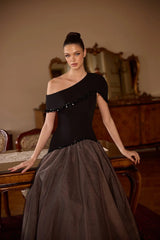 Valencia – Black One-Shoulder Evening Gown with Layered Full Skirt – Galisa Grace – view 1