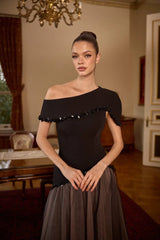 Valencia – Black One-Shoulder Evening Gown with Layered Full Skirt – Galisa Grace – view 3