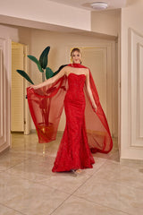 Vespera – Red Embroidered Mermaid Evening Gown with Chiffon Cape – Galisa Grace – view 3