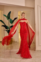 Vespera – Red Embroidered Mermaid Evening Gown with Chiffon Cape – Galisa Grace – view 6