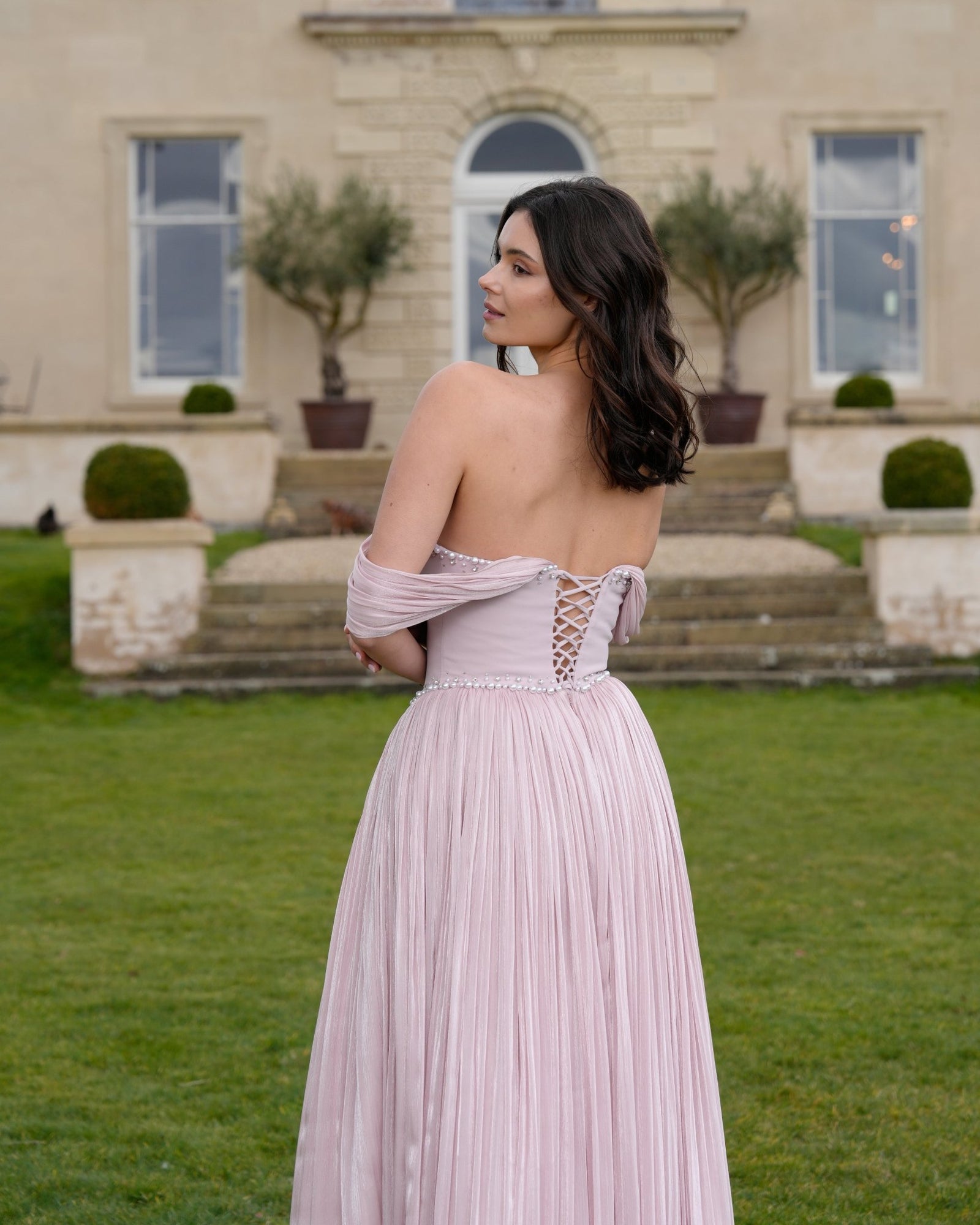 Violet Off-Shoulder Pleated Gown – Soft Blush – Galisa Grace