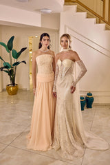 Zafira – Crystal Champagne Mermaid Bridal Gown with Sheer Sleeves and Cape – Galisa Grace – view 2