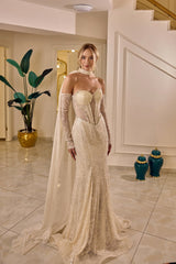 Zafira – Crystal Champagne Mermaid Bridal Gown with Sheer Sleeves and Cape – Galisa Grace – view 4