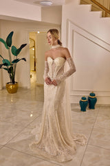 Zafira – Crystal Champagne Mermaid Bridal Gown with Sheer Sleeves and Cape – Galisa Grace – view 1