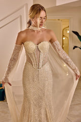 Zafira – Crystal Champagne Mermaid Bridal Gown with Sheer Sleeves and Cape – Galisa Grace – view 3