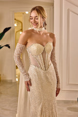Zafira – Crystal Champagne Mermaid Bridal Gown with Sheer Sleeves and Cape – Galisa Grace – view 5
