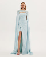 Camila - Deep slit long evening dress with embroidered cape