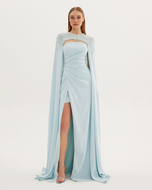 Camila - Deep slit long evening dress with embroidered cape