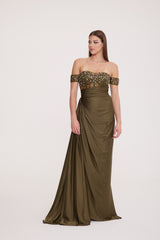 Bonita - Low Sleeve Embellished Bodice with Draped Deep Slit Dress