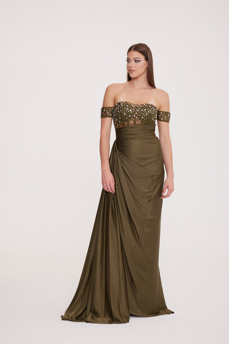 Bonita - Low Sleeve Embellished Bodice with Draped Deep Slit Dress