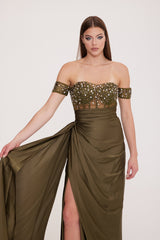 Bonita - Low Sleeve Embellished Bodice with Draped Deep Slit Dress