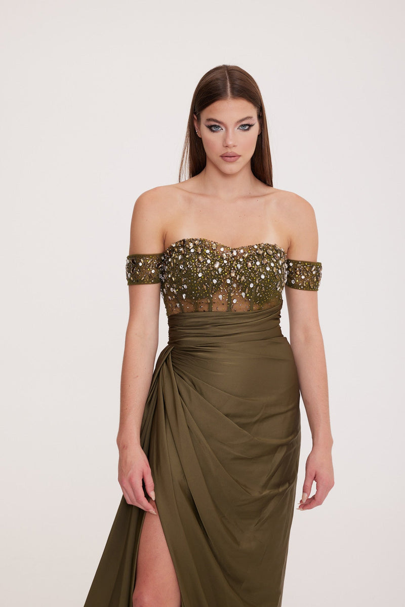 Bonita - Low Sleeve Embellished Bodice with Draped Deep Slit Dress