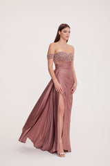 Bonita - Low Sleeve Embellished Bodice with Draped Deep Slit Dress