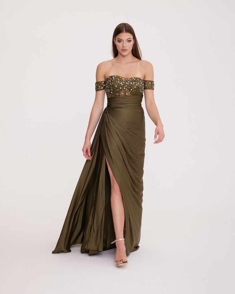 Bonita - Low Sleeve Embellished Bodice with Draped Deep Slit Dress