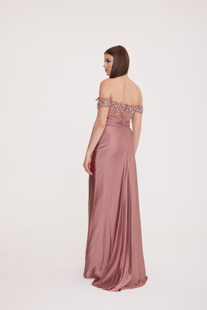 Bonita - Low Sleeve Embellished Bodice with Draped Deep Slit Dress