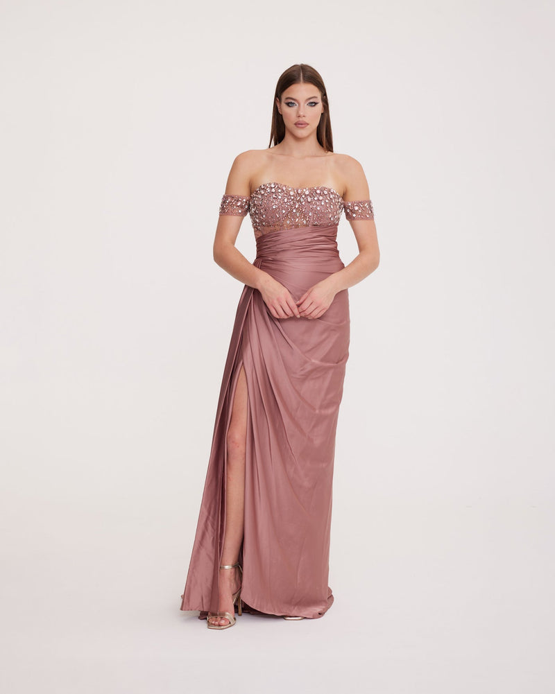 Bonita - Low Sleeve Embellished Bodice with Draped Deep Slit Dress