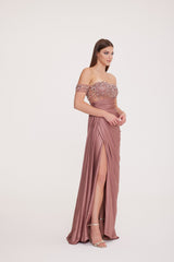 Bonita - Low Sleeve Embellished Bodice with Draped Deep Slit Dress