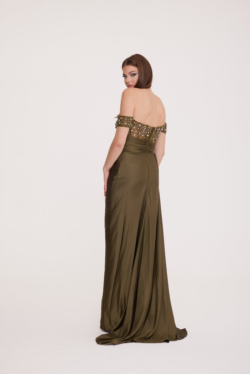 Bonita - Low Sleeve Embellished Bodice with Draped Deep Slit Dress