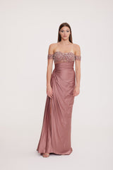 Bonita - Low Sleeve Embellished Bodice with Draped Deep Slit Dress