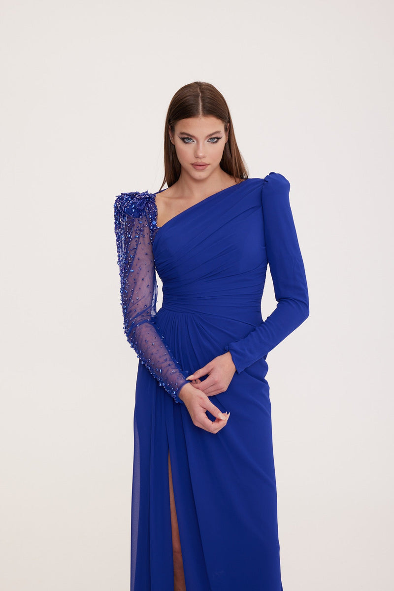 Cameo - Embroidered Sleeve Detail Deep Slit Dress