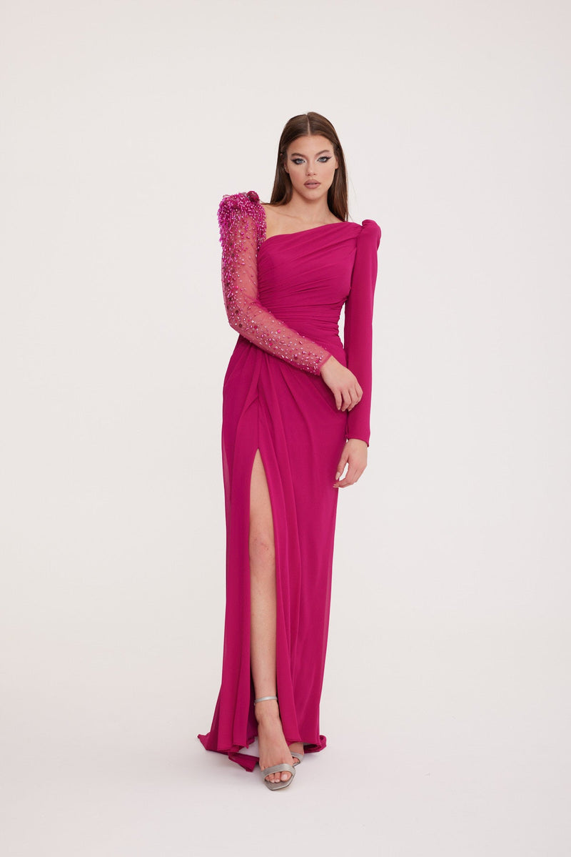 Cameo - Embroidered Sleeve Detail Deep Slit Dress