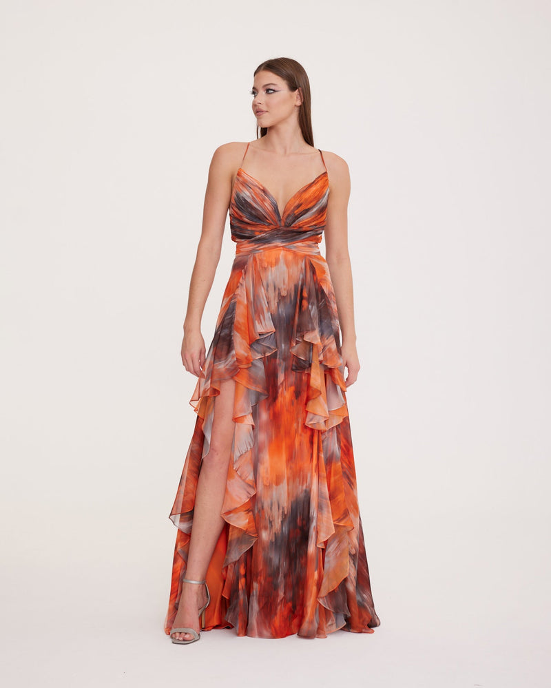 Dalya - Chiffon Dress with String Straps and Draped Pattern Detail