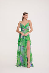 Dalya - Chiffon Dress with String Straps and Draped Pattern Detail