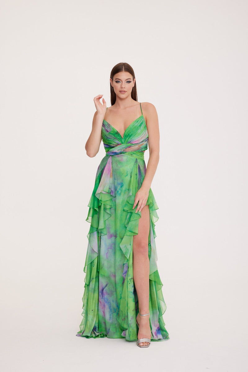 Dalya - Chiffon Dress with String Straps and Draped Pattern Detail