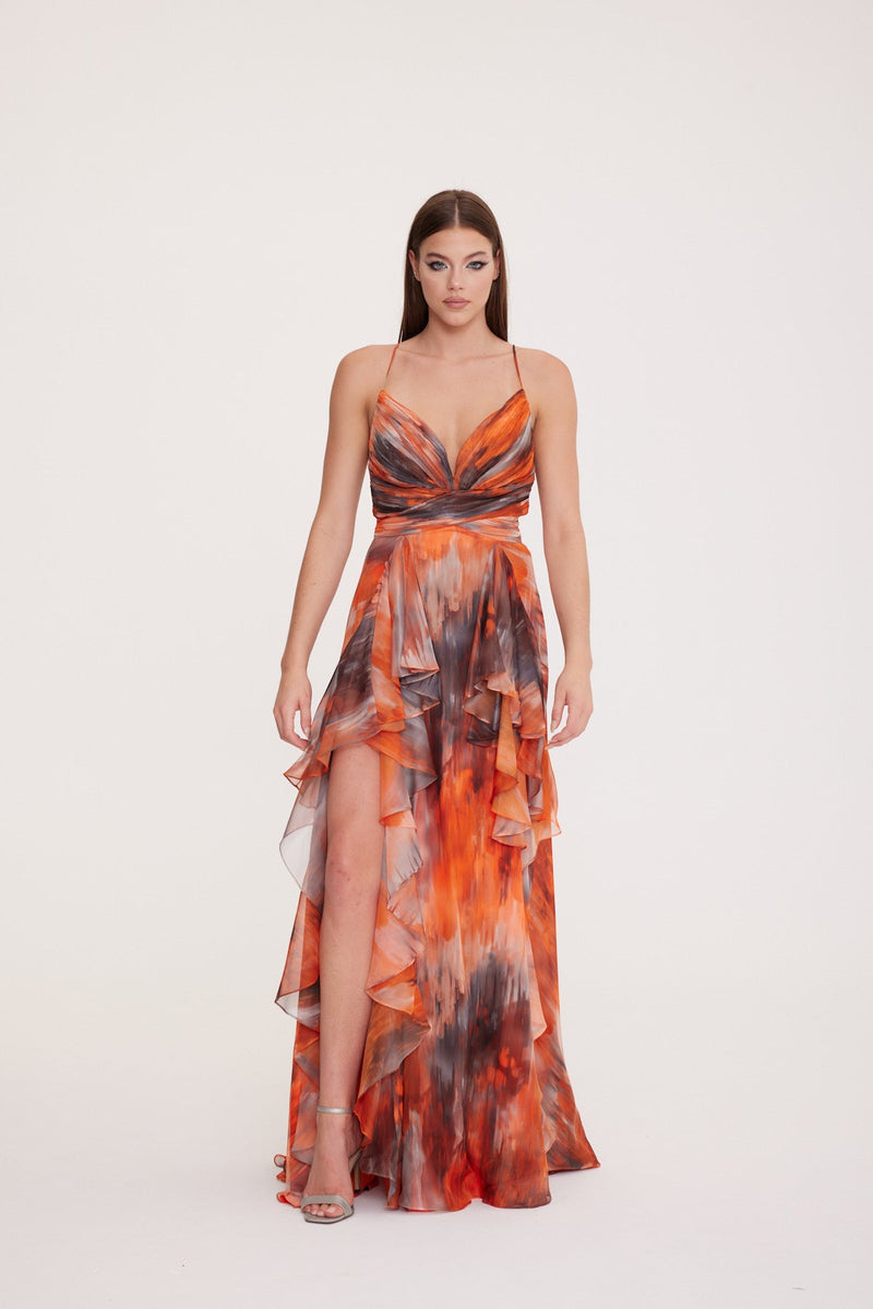 Dalya - Chiffon Dress with String Straps and Draped Pattern Detail