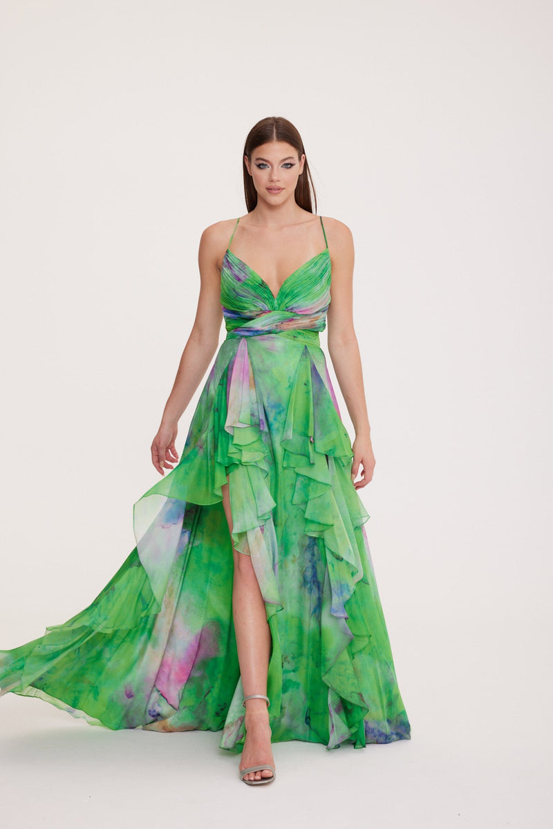 Dalya - Chiffon Dress with String Straps and Draped Pattern Detail