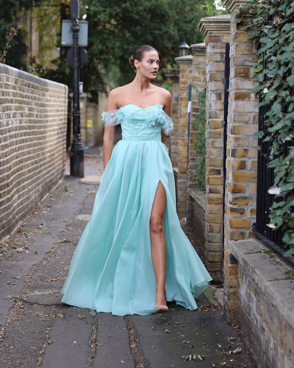 Eira Floral strapless long sleeve slit wedding guest dress