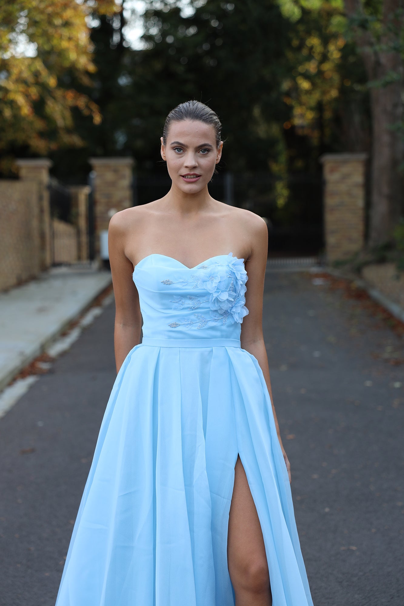 Eira - Floral strapless long sleeve slit wedding guest dress – Galisa Grace