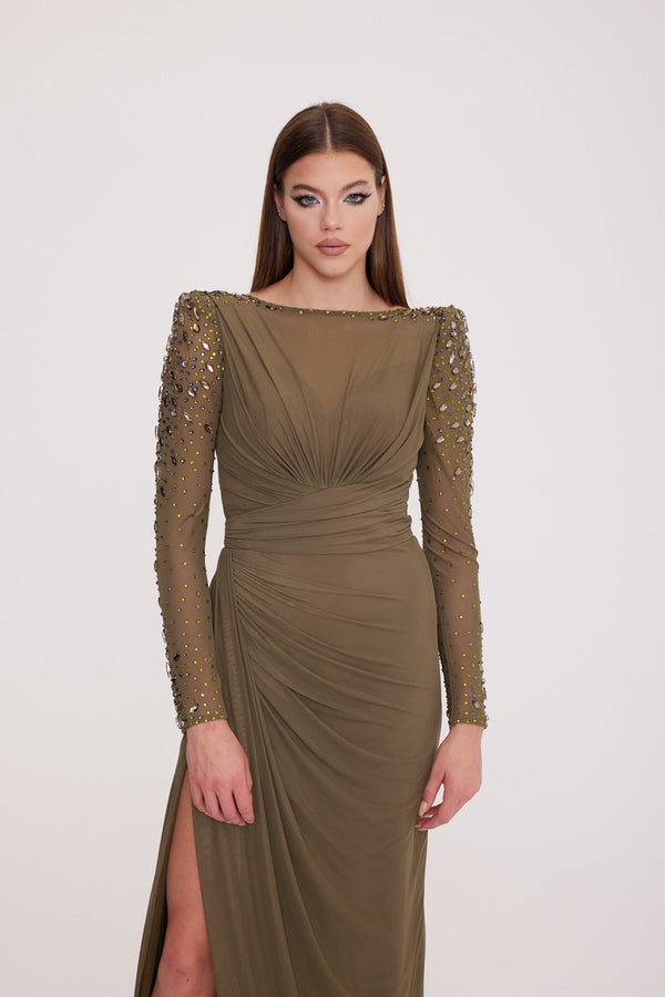 Felicity - Long Sleeve Stone-Embellished Deep Slit Dress