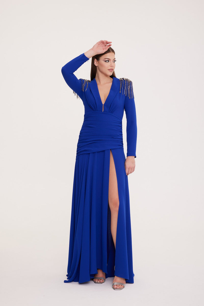 Galler - Long Sleeve V-Neck Deep Slit Dress